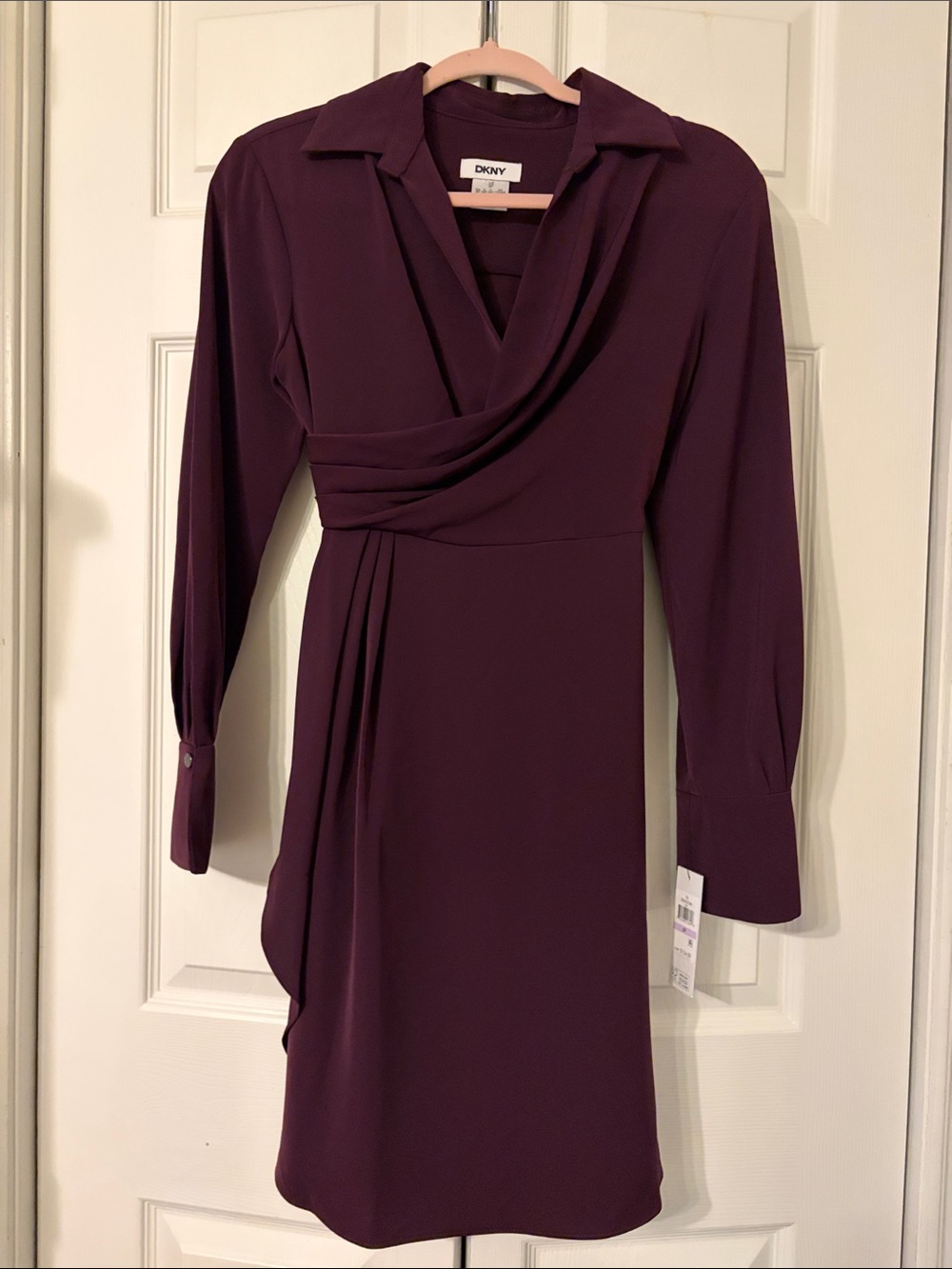 DKNY Long-Sleeve Draped Wrap Dress  In A Gorgeous Plum Color Size 6P NWT